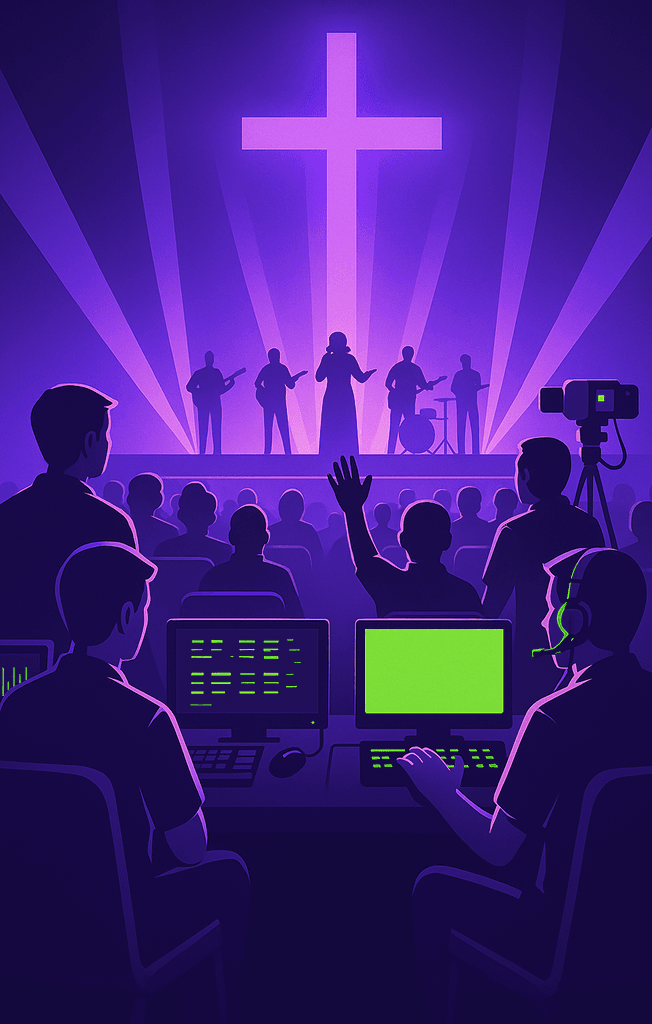 Equipe de mídia servindo durante o culto